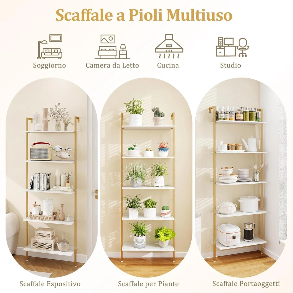 Scaffale a Scala a 5 Ripiani, Libreria da Parete Salvaspazio in Legno Moderno, Scaffale Portaoggetti per Soggiorno, Studio e Camera da Letto, 64 × 30 × 178 cm, Bianco
