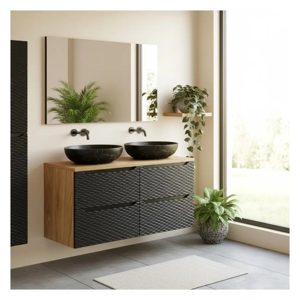 Set da bagno YOKA nero: mobile sottolavabo con cassetti 120 cm + top per lavabo + lavabo da appoggio