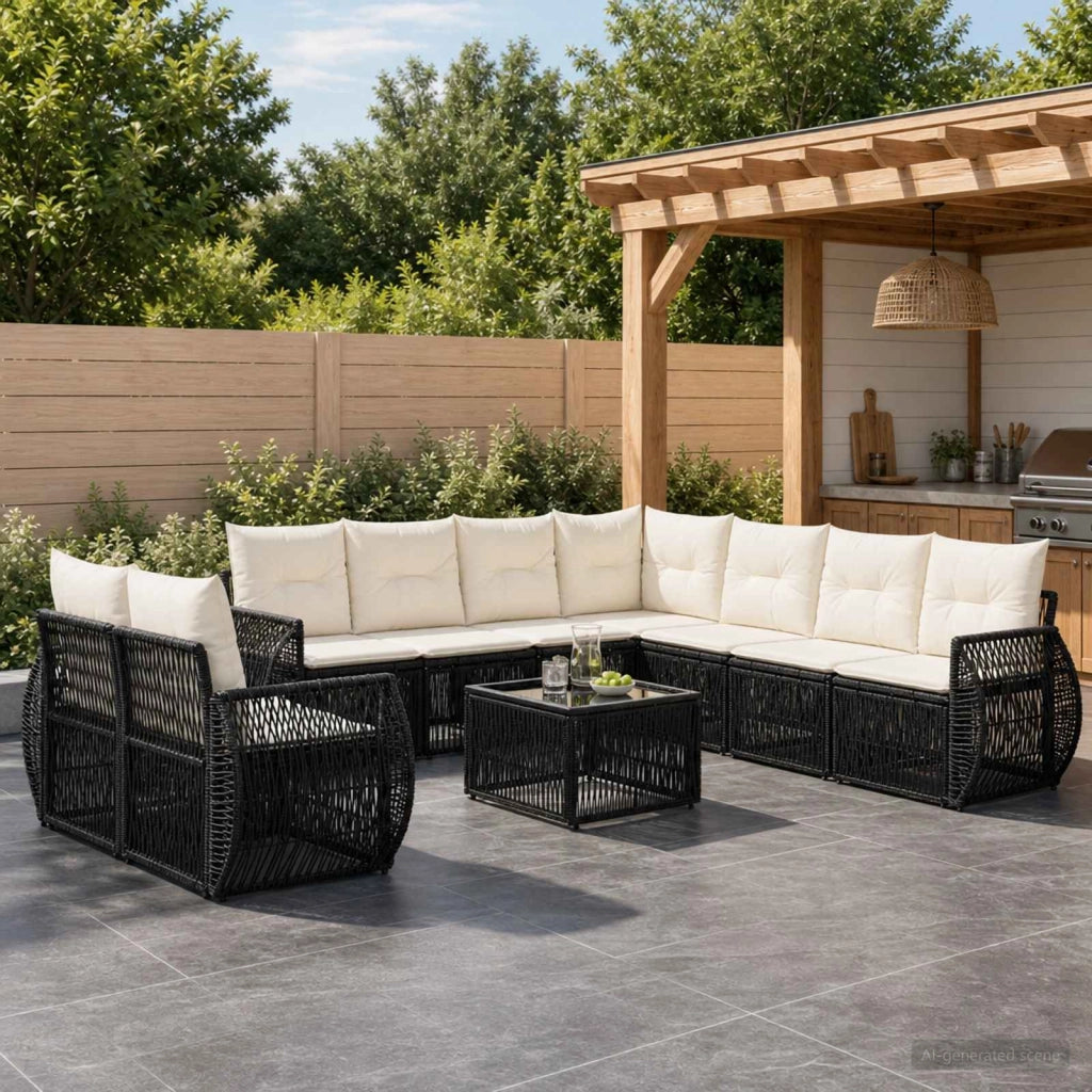Set Divano da Giardino 10 pz Nero e Bianco Crema polyrattan 3435460