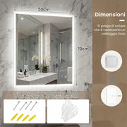 Specchio da Bagno LED 70 x 50 cm, Specchio da Parete Rettangolare con Anti-appannamento, Memoria, 3 Colori di Luce, Dimmerazione Continua e Vetro Temperato Infrangibile (70 x 50 x 3 cm)