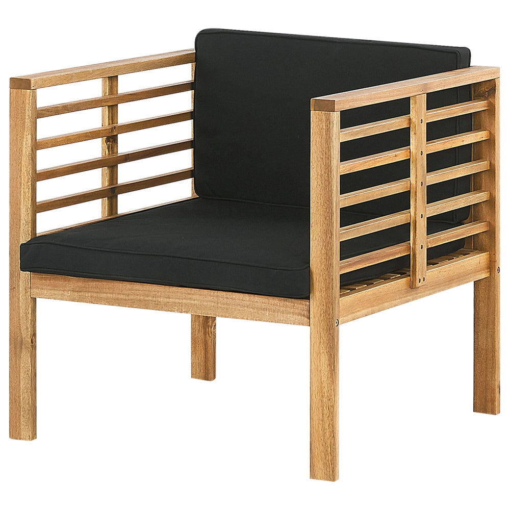 Set Conversazione Giardino Legno Acacia Cuscini Neri Moderno Esterno 4 Posti con Tavolino