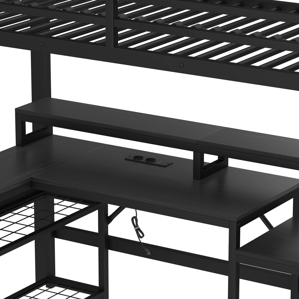 DESMIU Letto a soppalco singolo con scrivania, USB, LED regolabile e scaffali 90 × 200 cm, senza materasso