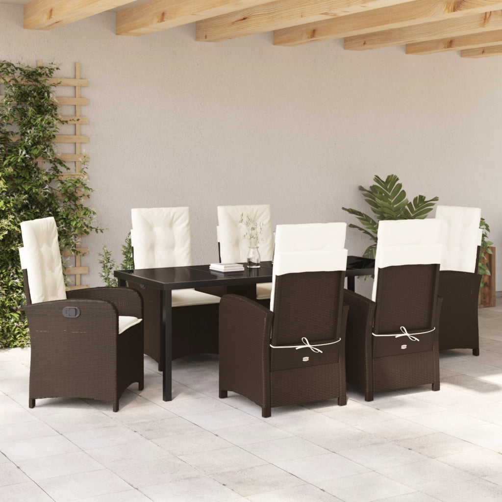Set da Pranzo da Giardino da 7 Pezzi con Cuscini Marrone Rattan Poliestere