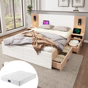Letto matrimoniale 140 × 200 cm con 2 cassetti, lampada da lettura orientabile e USB, con materasso, bianco rovere