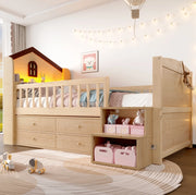 Letto semialto 90x200 cm con LED; scala e contenitori in pino naturale