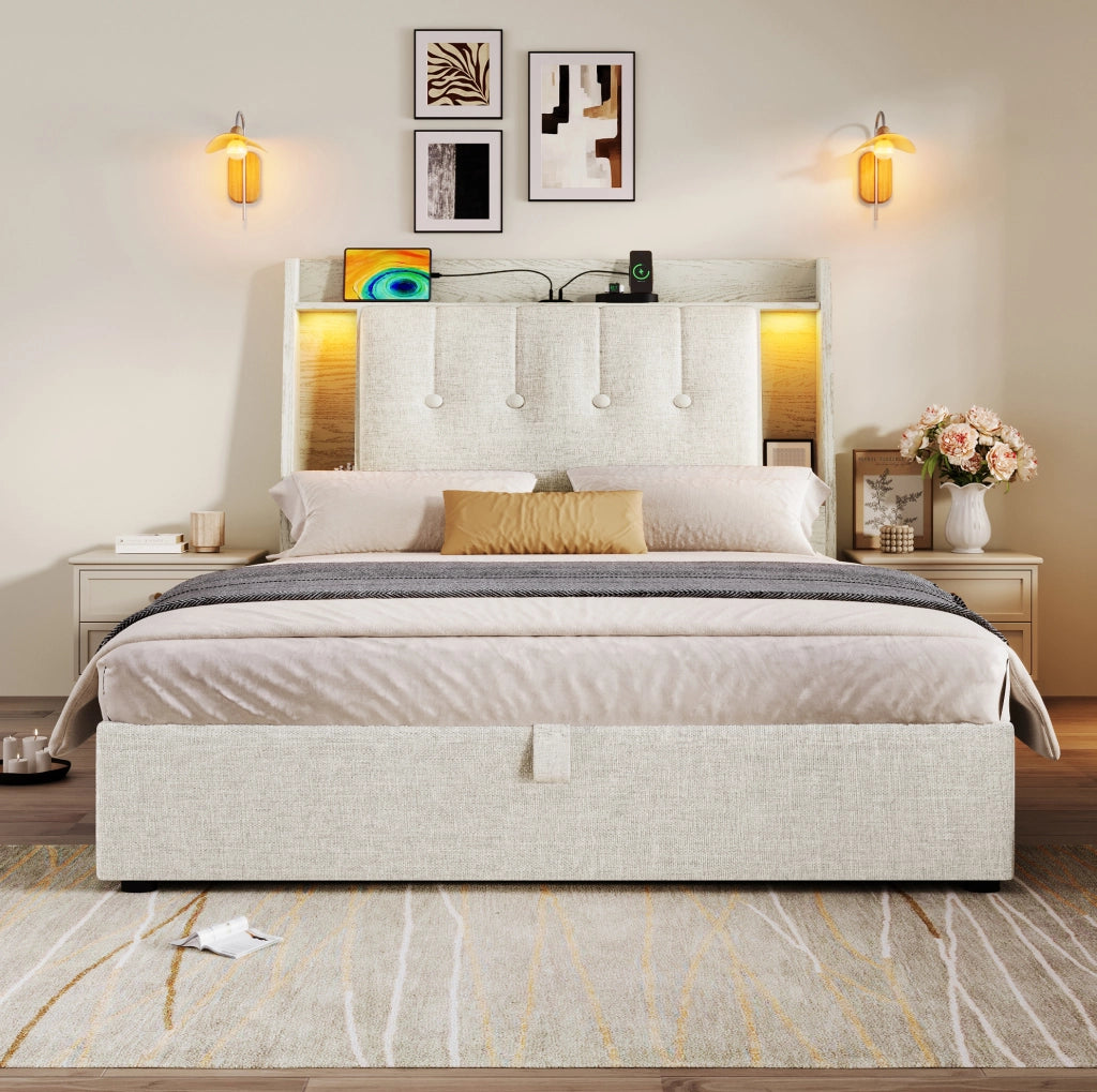Letto imbottito 90x200 cm con LED e porte USB-C, beige