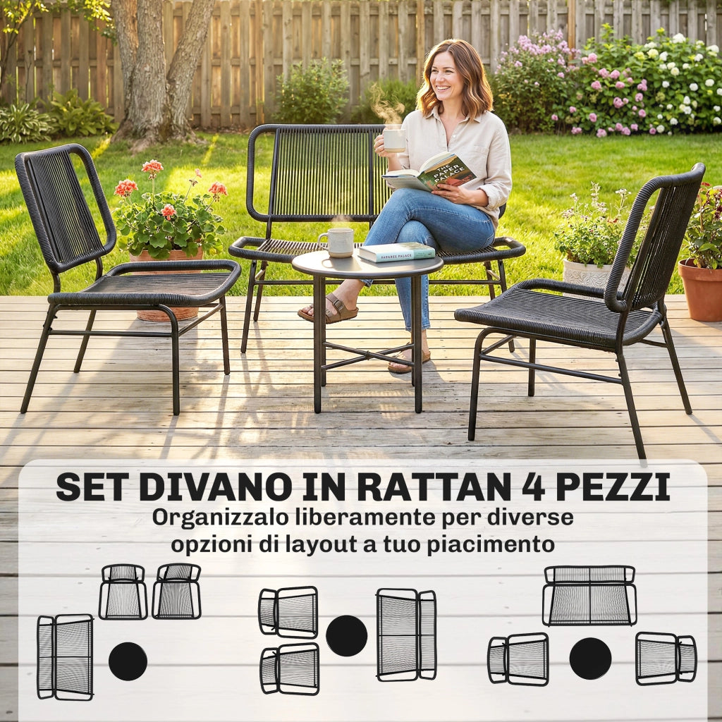 Set Mobili Giardino Rattan 4 Pezzi, Divano Esterno con Tavolino Metallo, Nero