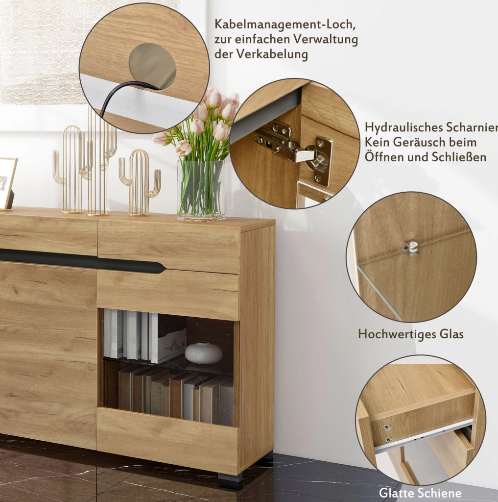 Credenza moderna rovere con LED, 3 vani e 3 cassetti