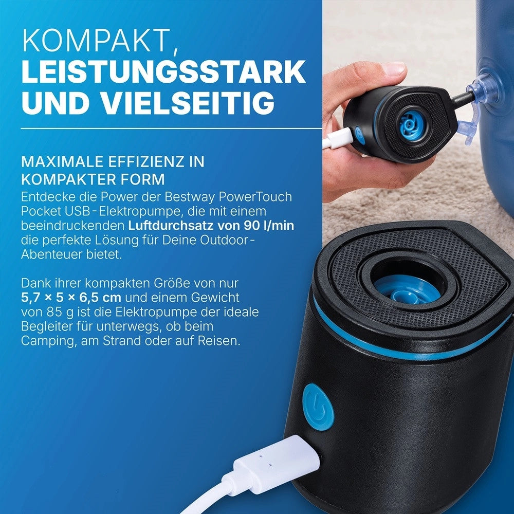 Trade Shop - Pompa Di Gonfiaggio Elettrico Powertouch Pocket Usb Da 90 L/min Con 3 Adattatori 62289 -