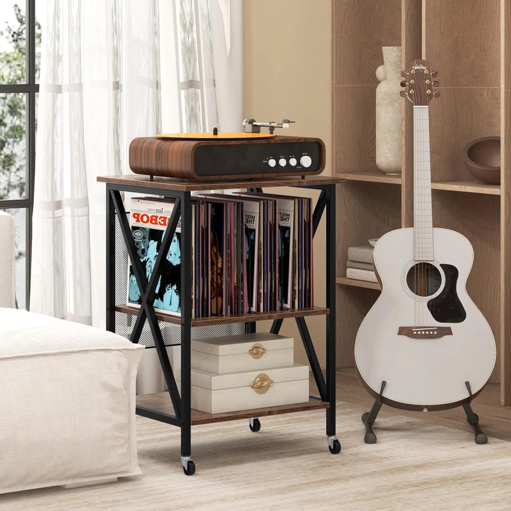 Supporto per Giradischi, Supporto per Giradischi in Vinile con Presa di Corrente e Porta USB, Ruote Bloccabili, 3 Livelli, per Soggiorno, Camera da Letto, 52 x 45 x 75 cm (Marrone)