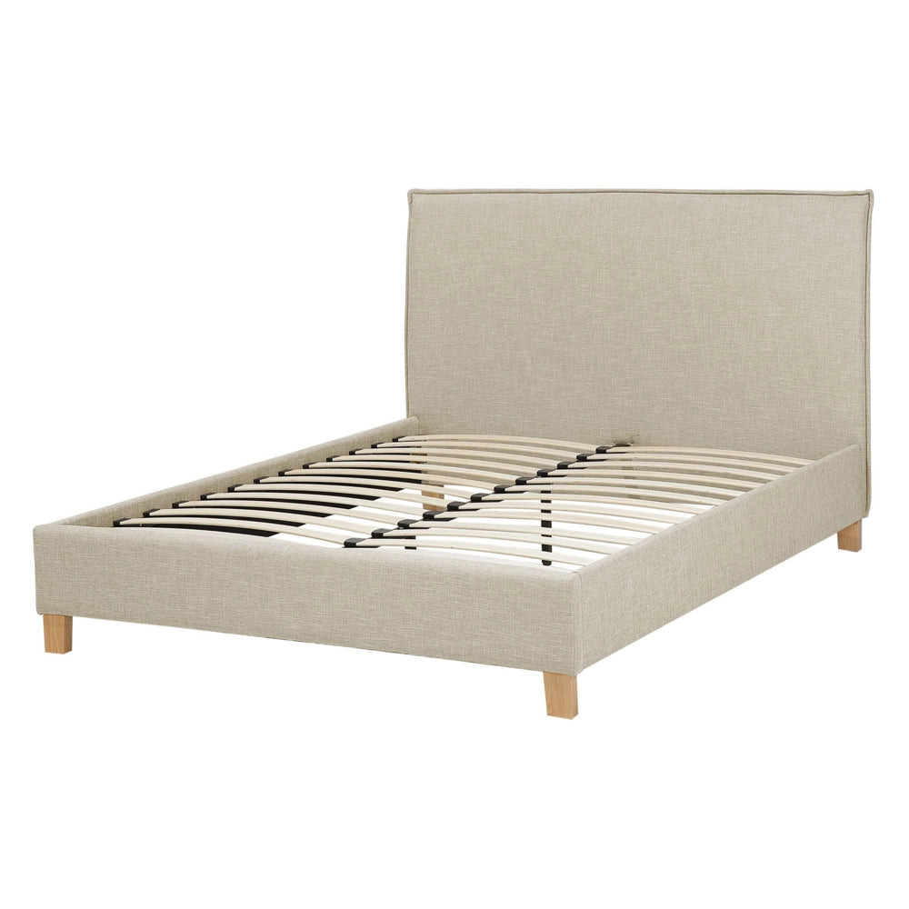 Letto rivestimento in tessuto beige Gambe in legno Dimensioni doppie 140 cm 6 a doghe con testiera Stile scandinavo minimalista