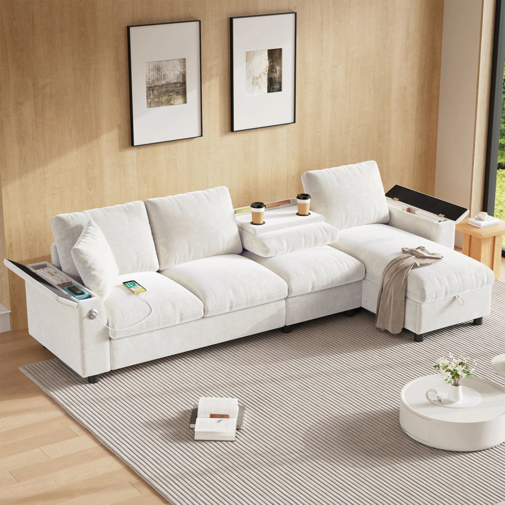 Divano letto angolare con contenitore e tavolino ribaltabile in ciniglia beige