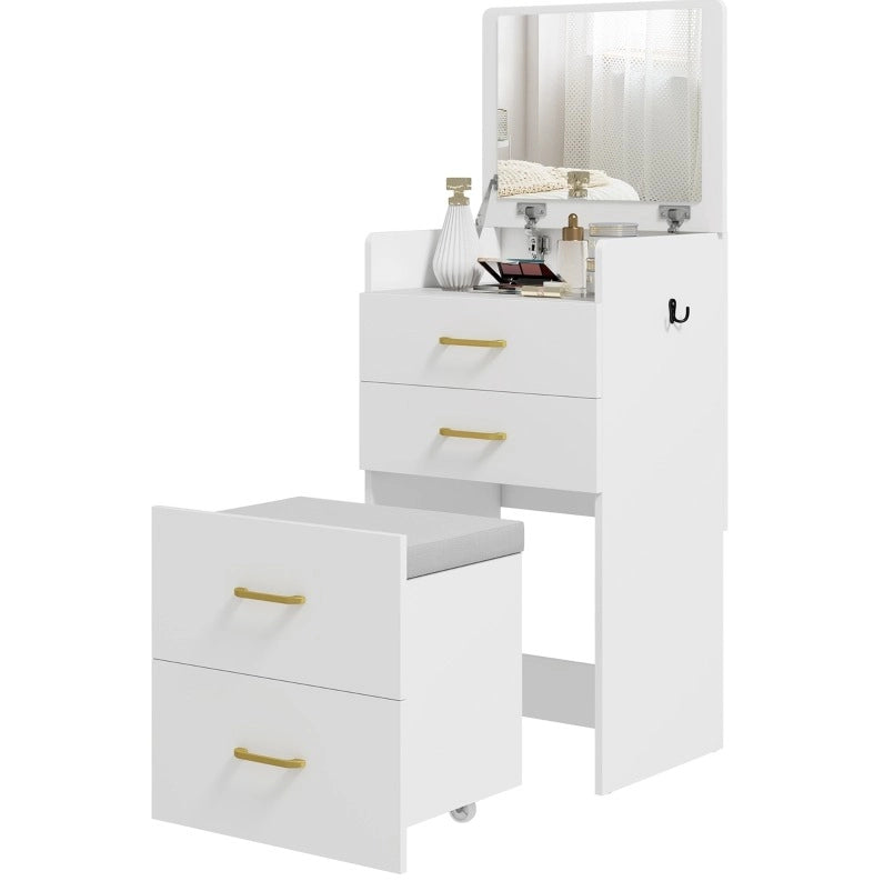 Toeletta 3 in 1 bianca con specchio, cassetti e sgabello con ruote