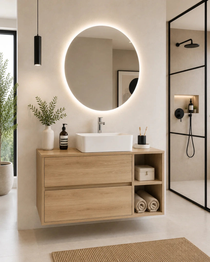 Mobile bagno con top in legno e lavabo da appoggio ORIGENBATH ZEUS senza specchio 80x45 cm Destra Estepa
