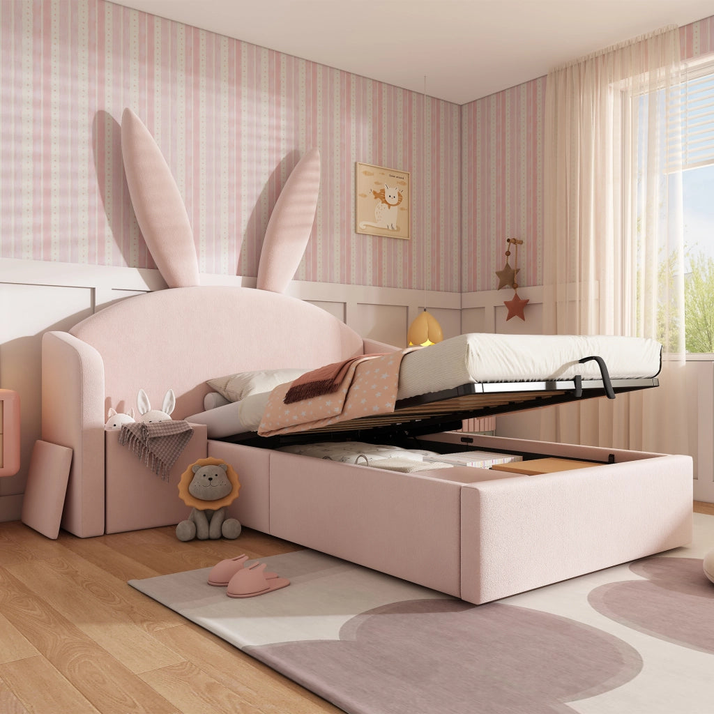 Letto imbottito con vano contenitore 90x200 cm velluto rosa