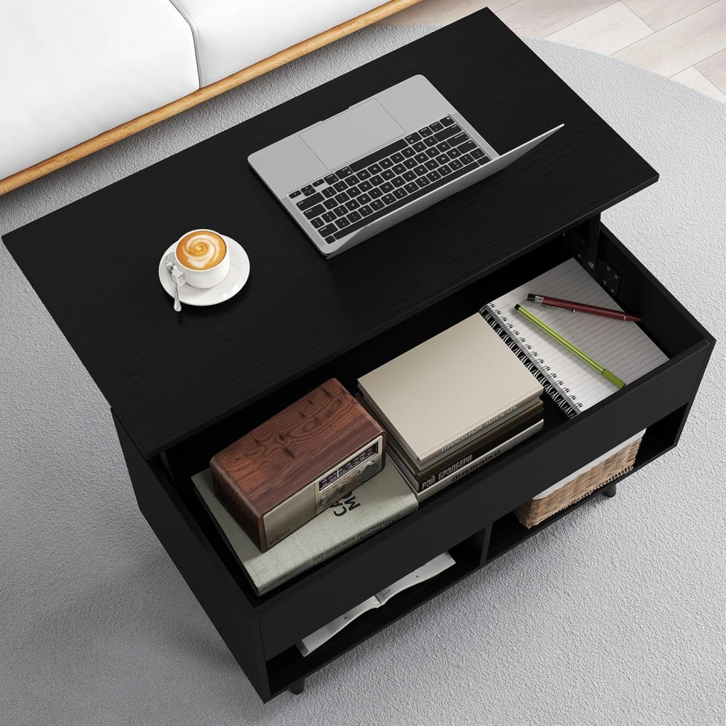 Tavolino da caffè con piano regolabile in altezza, tavolino da caffè e 2 ripiani aperti, tavolo da soggiorno allungabile, tavolino da tè moderno (nero)