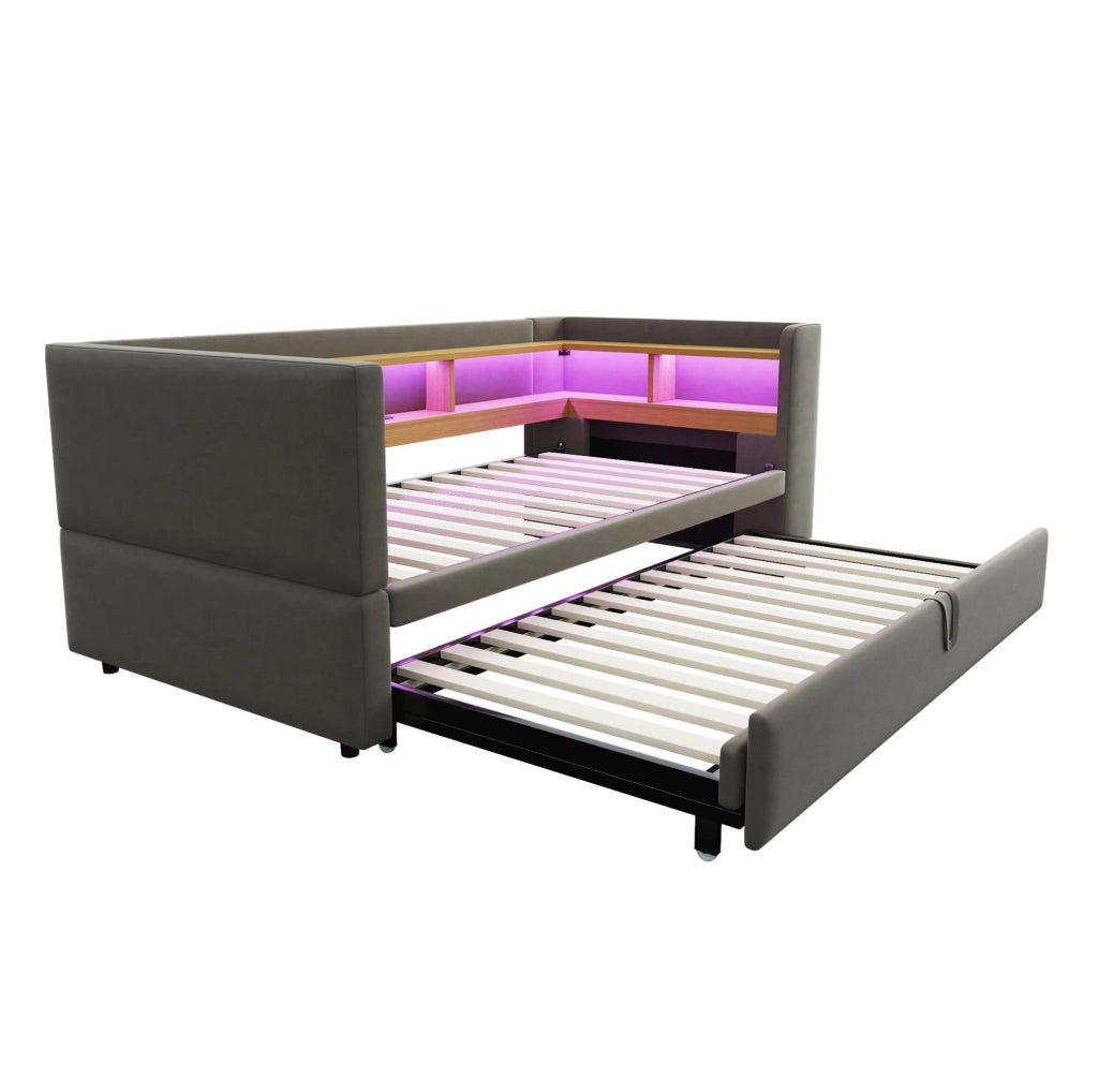 Divano letto 90x190 cm con scomparti; luci LED e prese; flanella; grigio scuro