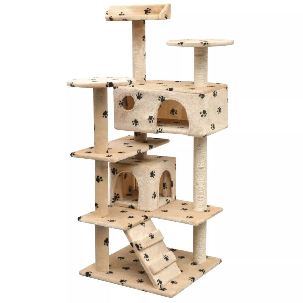 Tiragraffi albero per gatti cuccia per gatti giocattolo peluche e sisal 125 cm impronte di zampe beige 3702274