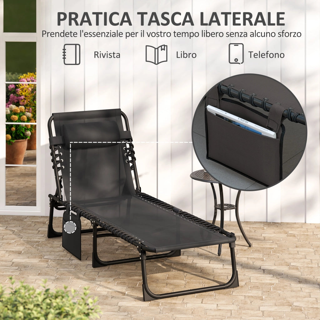 Sdraio da Giardino Pieghevole con Schienale Reclinabile su 5 Posizioni e Cuscino. 185x58x30cm. Nero
