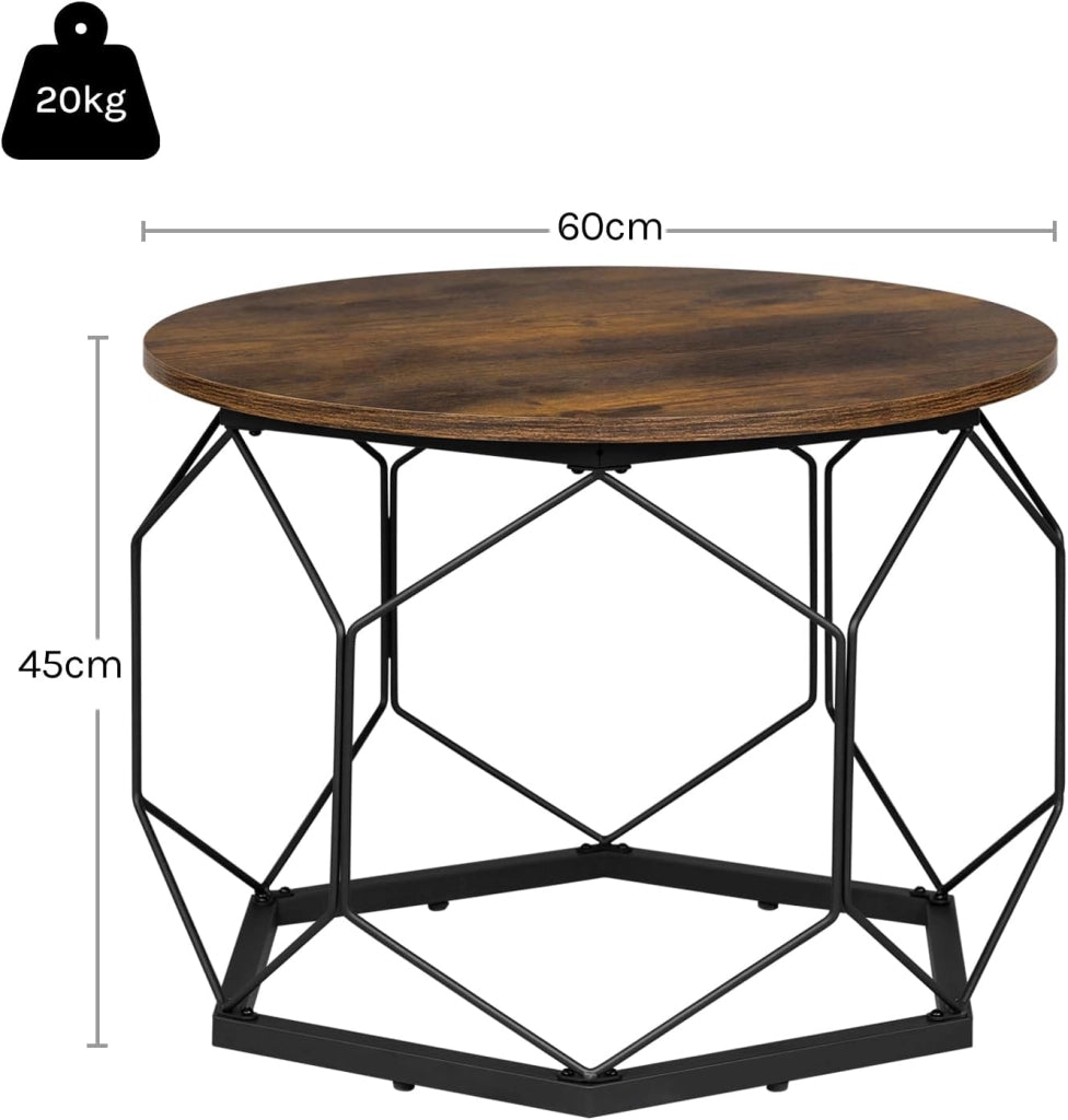 Tavolino da Salotto Rotondo, Tavolino da Caffè con Struttura in Metallo per Soggiorno, Balcone, Divano e Letto, Marrone Rustico+Nero, BTS27vbn