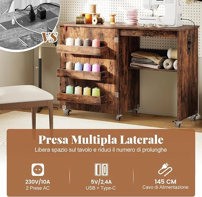 Mobile per Macchina da Cucire Pieghevole, Tavolo da Cucito con Stazione di Ricarica, Ruote Bloccabili, Ripiano e Contenitori (Marrone, 116 x 41 x 78 cm)