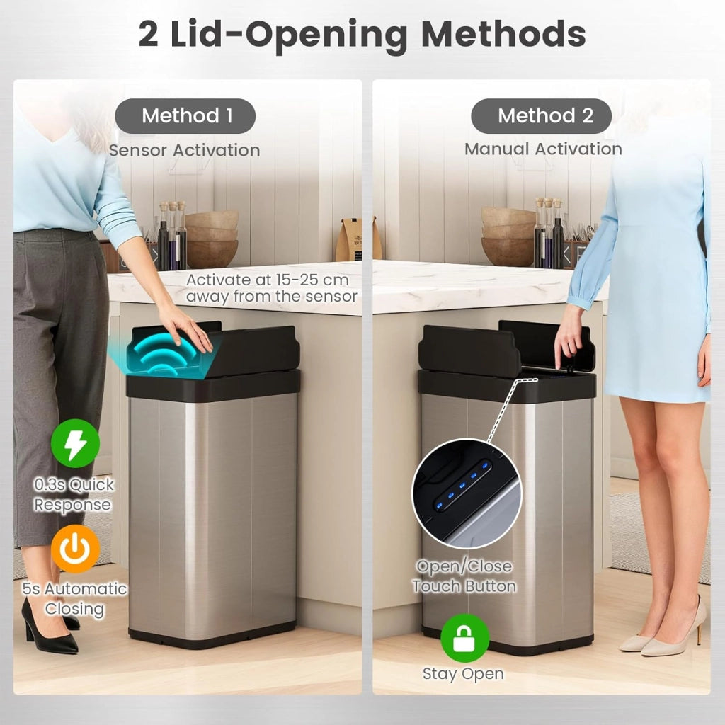 Bidone Spazzatura 60L con Coperchio, Bidone Automatico senza Contatto con Risposta Rapida e Pannello di Controllo, Cestino in Acciaio Inox con Sensore di Movimento per Bagno e Cucina (Argento)