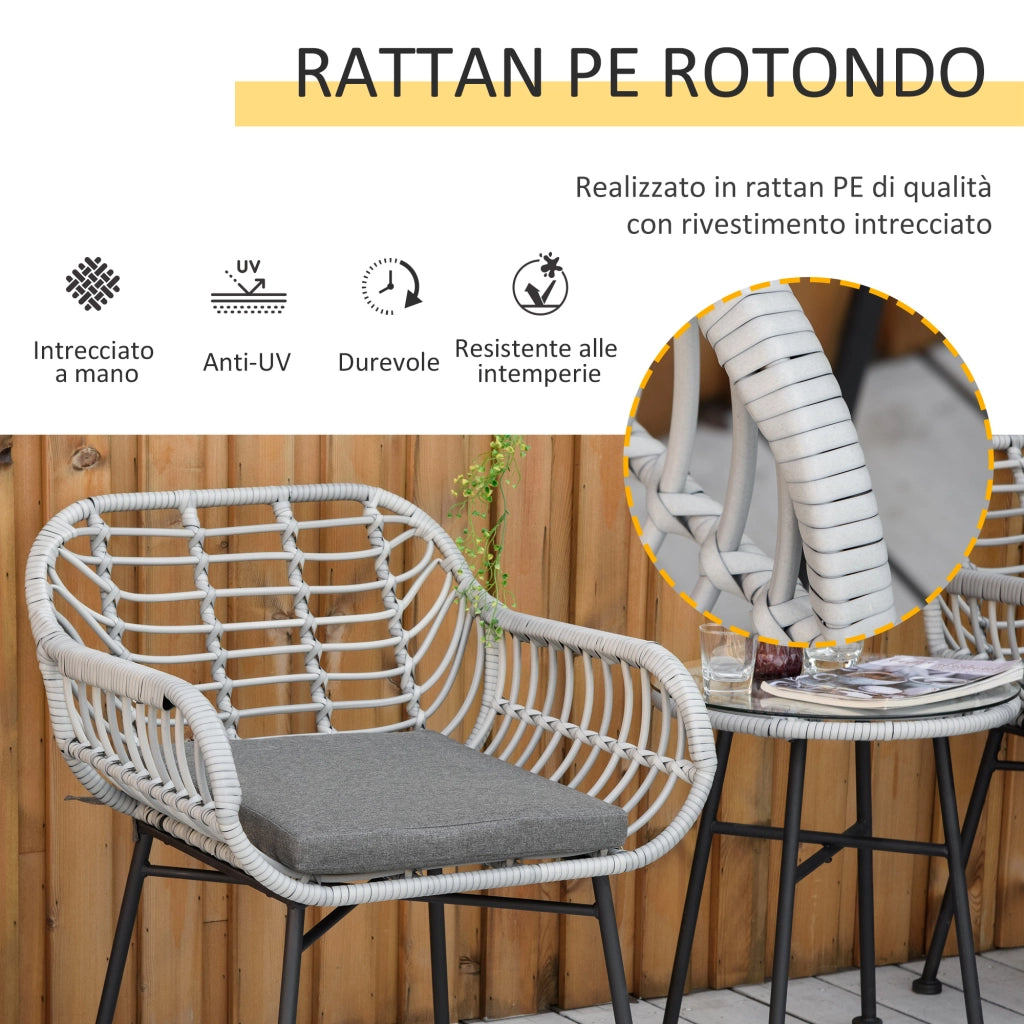 Set Divano da Esterno in Polyrattan con 2 Sedie e Tavolino in Vetro ¨C Zephmum ¨C Grigio