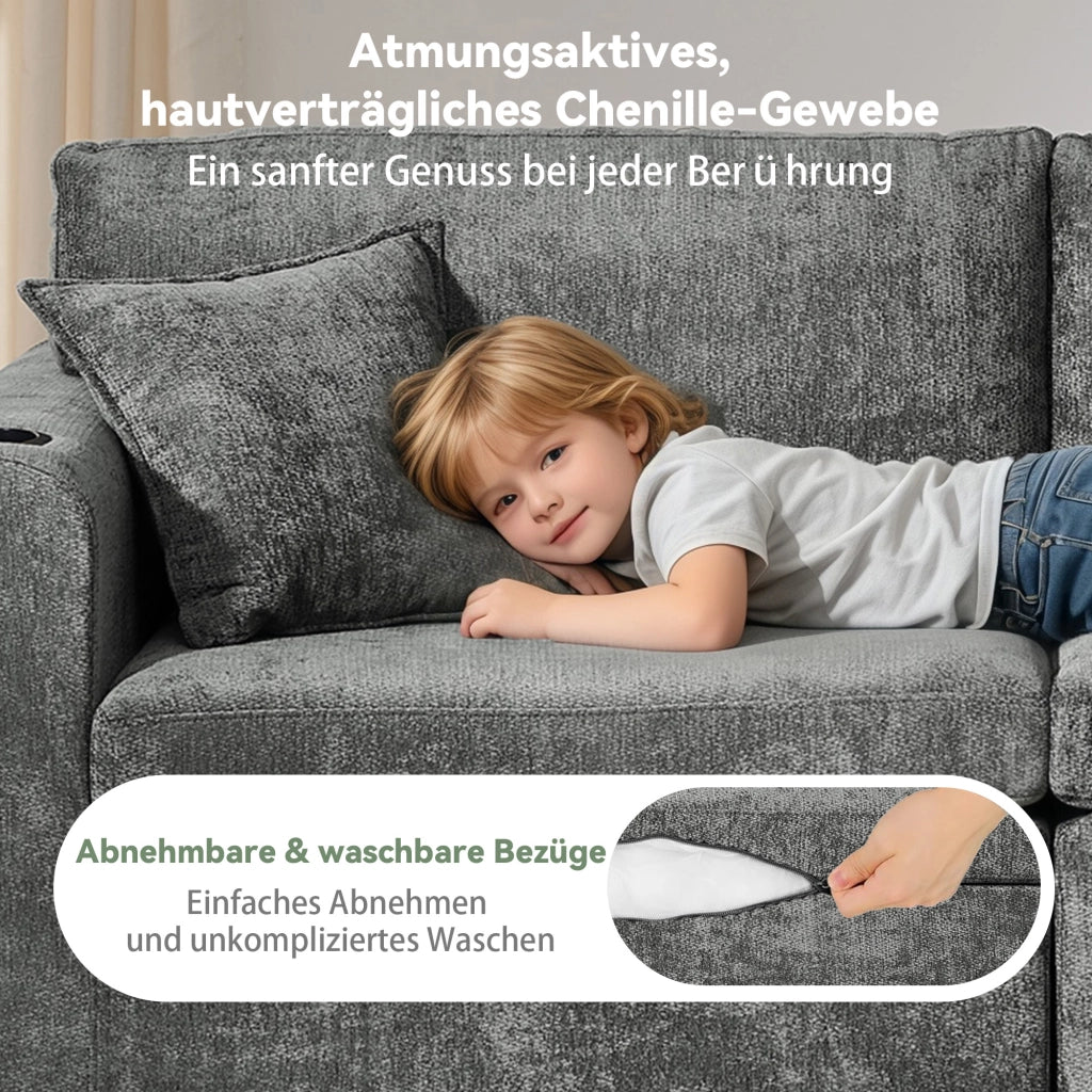 Divano relax 2 posti compatto con tasca laterale portabicchieri e cuscini in chenille grigio per piccoli spazi