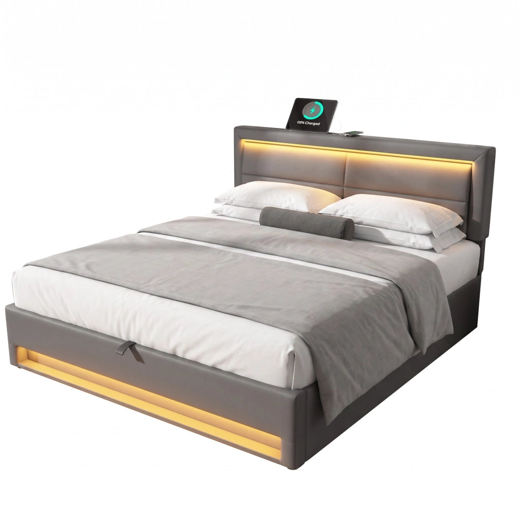 Letto imbottito 140x190 cm con USB; ricarica wireless; LED e contenitore; PU grigio