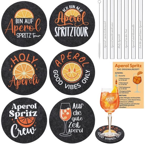 Set di Regali Aperol – 6 Imbottigliatori Aperol, 6 Stuzzicadenti Aperol in Rattan, Carta Ricette Spritz Aperol – Accessori per Bicchieri Aperol per Appassionati di Aperol, Feste Apero, Amici, Famiglia, Colleghi