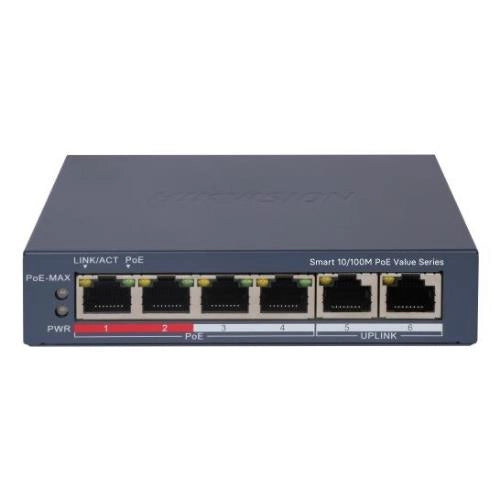 Switch hikvision 4 × 10/100 mbps poe port,2 × 10/100 mbps rj45 port poe power budget 45w, - ds-3e1106p-ei/m