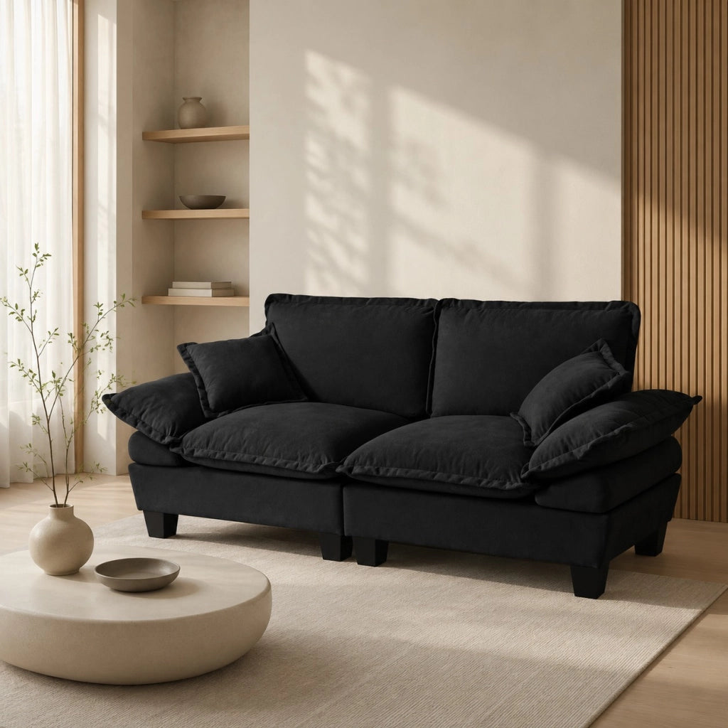 Divano dritto 2 posti Divano modulare comfort di seduta con braccioli curvi in Chenille Nero