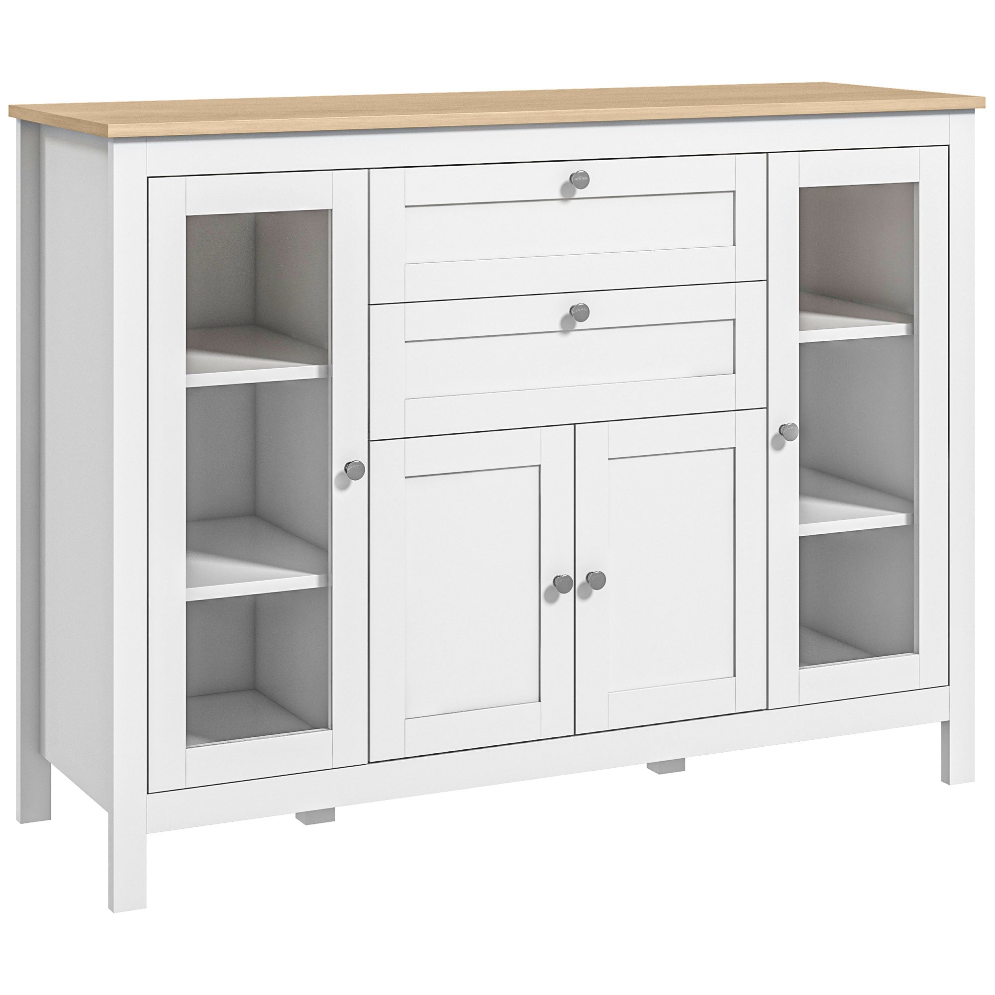 Mobile Cucina Credenza 120x40x90 cm con 2 Cassetti e 3 Armadietti Ante in Vetro Bianco e Rovere