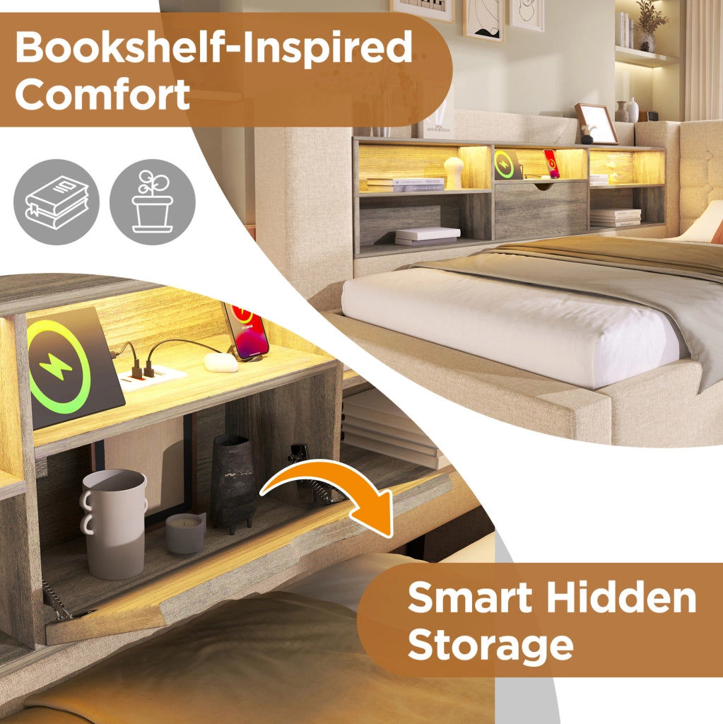 Letto imbottito con letto estraibile; LED e porte di ricarica; 90x200 cm; beige