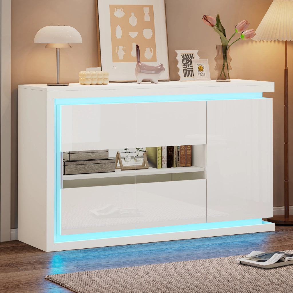 Credenza con LED e 3 ante in truciolare con 2 ante in vetro temperato, per soggiorno e ufficio, bianca, 140 × 40 × 84 cm