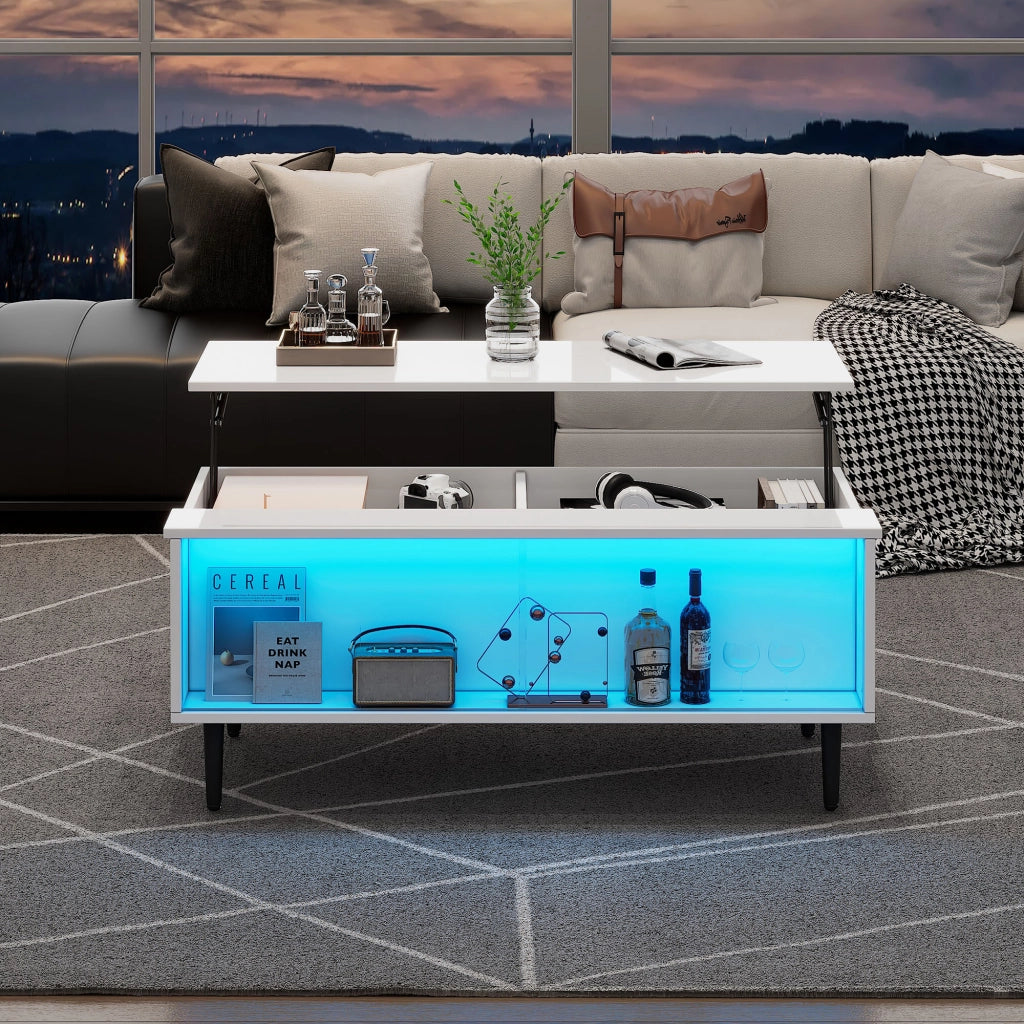 TAVOLO Caffè regolabile 105 x 50 x 43 cm bianco in truciolare e vetro temperato con LED