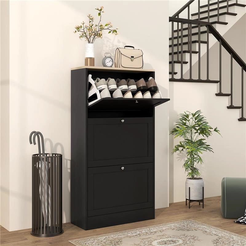 SCARPIERA SALVASPAZIO A 3 CASSETTI CON RIPIANI REGOLABILI SU 2 LIVELLI, IN LEGNO, 60X23.5X115 CM, NERO