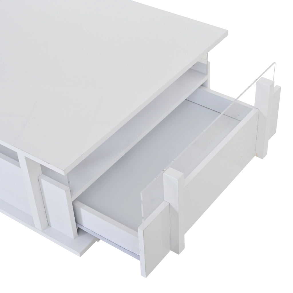 Tavolino da caffè quadrato 70x70x35 cm bianco lucido con 2 cassetti, LED e dettagli in acrilico