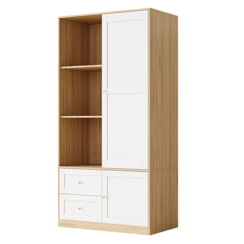 Armadio con porta scorrevole, struttura semiaperta con asta appendiabiti e 2 cassetti, 90×50×180 cm, MDF, Naturale/Bianco