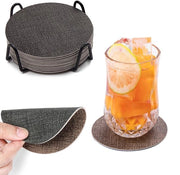 Onderzetters per set di 12, con supporto antiscivolo doppio, in pelle naturale, per bicchieri, lavabili, in pelle, set di 12 pezzi (grigio-bruno, rotondo)