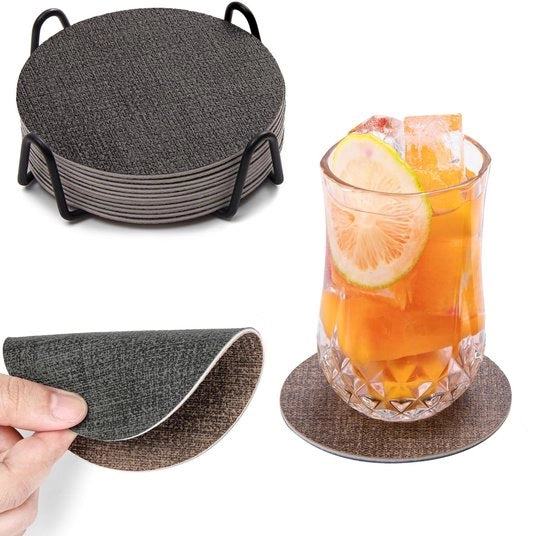 Onderzetters per set di 12, con supporto antiscivolo doppio, in pelle naturale, per bicchieri, lavabili, in pelle, set di 12 pezzi (grigio-bruno, rotondo)