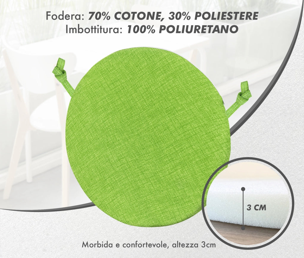 Cuscini Rotondi Per Sedie Cucina Imbottiti Sfoderabili Con Cerniera Cuscino Rotondo Ø 40 Cm Sedia Tavolo Lavabile In Lavatrice Con Lacci Per Fissaggio Prodotto Italiano Comodi 4 Pezzi - Verde