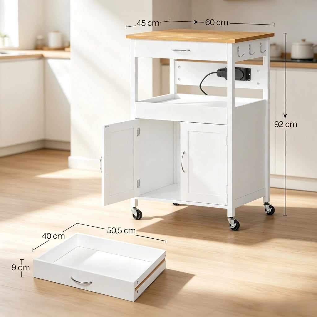 CARRELLO Cucina con 2 Prese e Rotelle 60x45x92 cm MDF Bianco