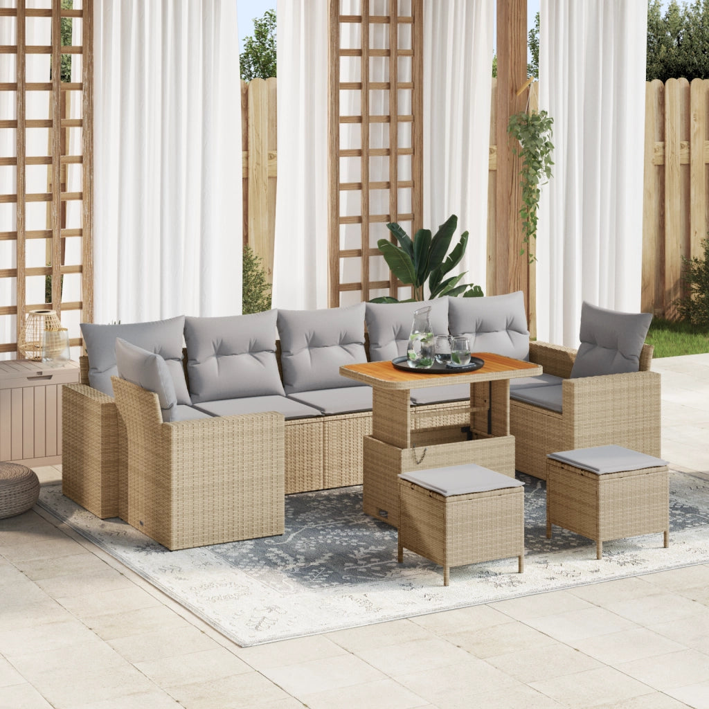 Set divano da giardino 10 pezzi con cuscini in rattan poliestere beige e acacia