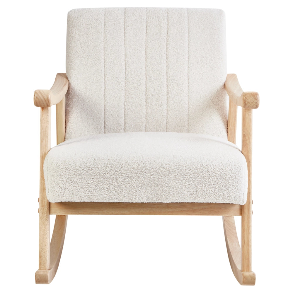 Poltrona a dondolo con rivestimento in bouclé bianco sporco gambe in legno di gomma e braccioli Soggiorno Cameretta