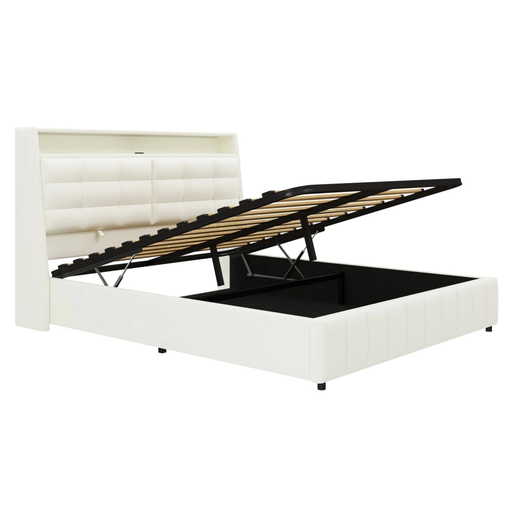 Letto imbottito 160x200 cm con contenitore; LED e USB in PU bianco