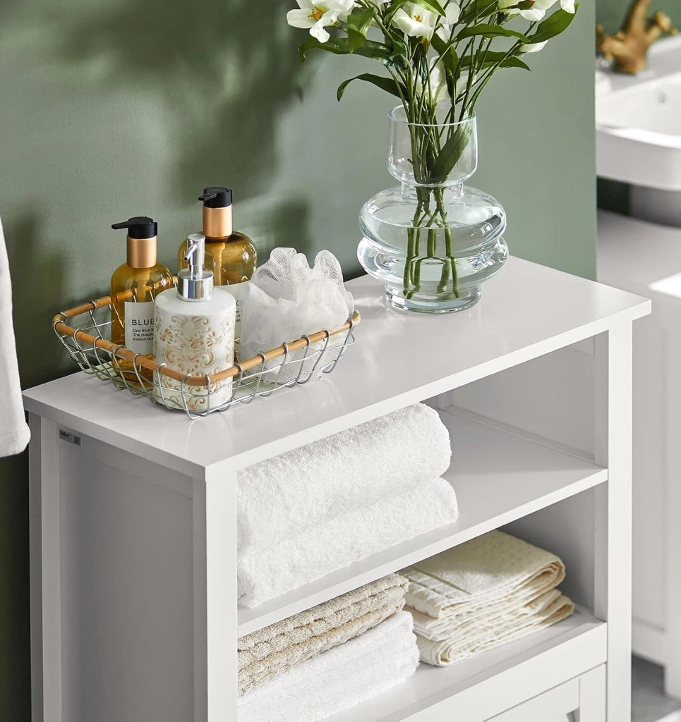 Armadio da Bagno – Mobile da Bagno Salvaspazio con Ripiani e Porte, Credenza in Legno Stretto per Corridoio e Soggiorno, Bianco, 60 x 90 x 26 cm, BZR13-W