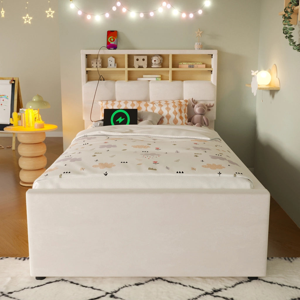 Letto singolo in velluto beige 90x200 cm con letto estraibile e prese USB