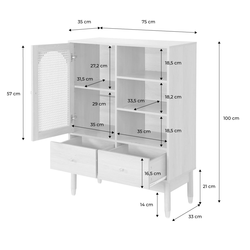 Credenza decorativa in legno e canna 1 anta 75cm, marrone naturale