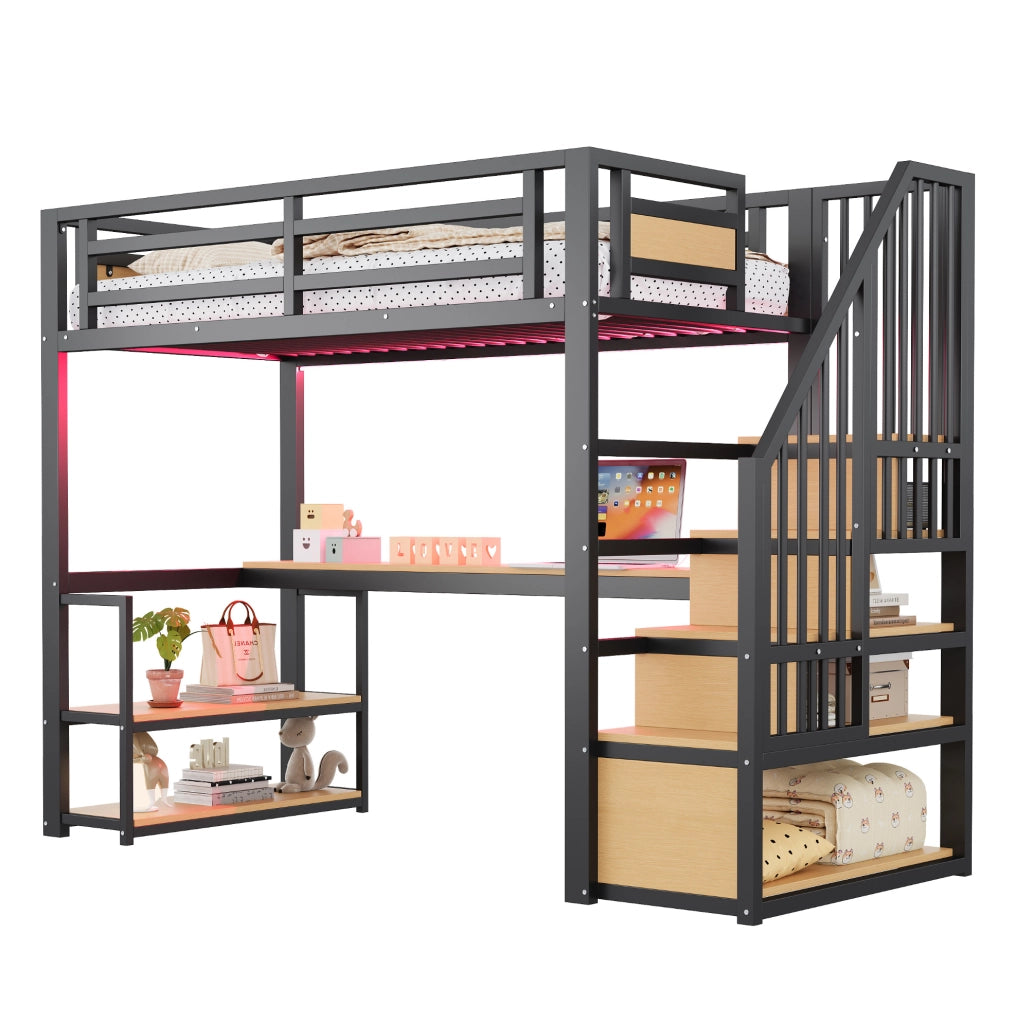 Letto a soppalco 90x200 cm in metallo nero con scala contenitore; scrivania e scaffali